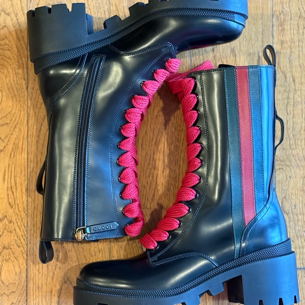 Gucci Magnum Calfskin Cirano Lux Web Lace Up Tall Combat Boots